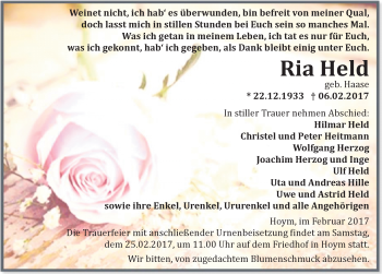 Traueranzeige von Ria Held von Mitteldeutsche Zeitung Aschersleben