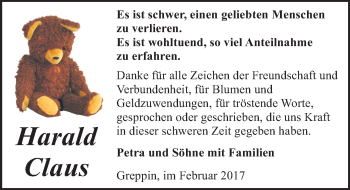 Traueranzeige von Harald Claus von Mitteldeutsche Zeitung Bitterfeld