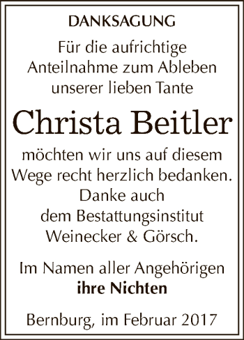 Traueranzeige von Christa Beitler von Super Sonntag Bernburg