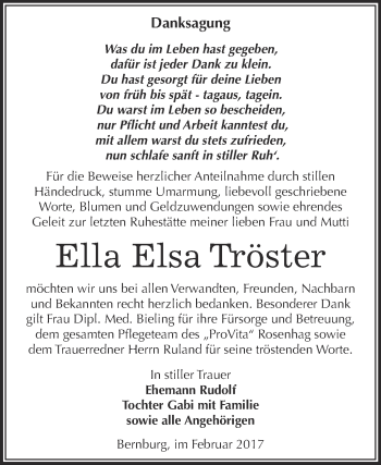 Traueranzeige von Ella Elsa Tröster von Super Sonntag Bernburg