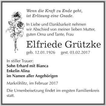 Traueranzeige von Elfriede Grützke von WVG - Wochenspiegel NMB / WSF / ZTZ