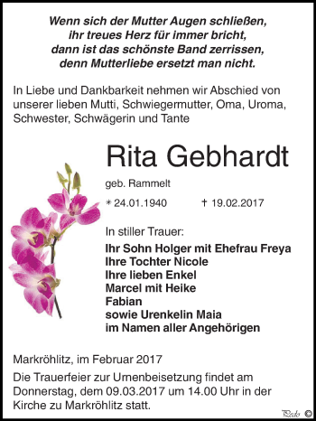Traueranzeige von Rita Gebhardt von WVG - Wochenspiegel NMB / WSF / ZTZ