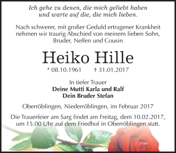 Traueranzeige von Heiko Hille von Mitteldeutsche Zeitung Sangerhausen