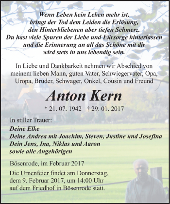 Traueranzeige von Anton Kern von Mitteldeutsche Zeitung Sangerhausen