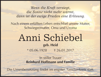 Traueranzeige von Anni Schiebel von Mitteldeutsche Zeitung Bitterfeld