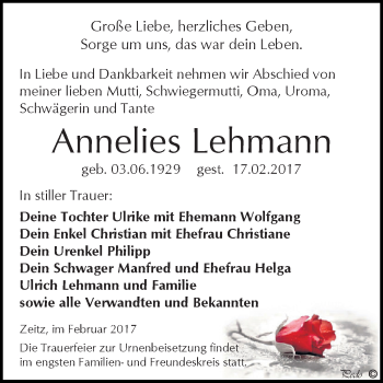 Traueranzeige von Annelies Lehmann von Super Sonntag Zeitz