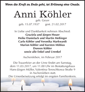 Traueranzeige von Anni Köhler von Mitteldeutsche Zeitung Aschersleben