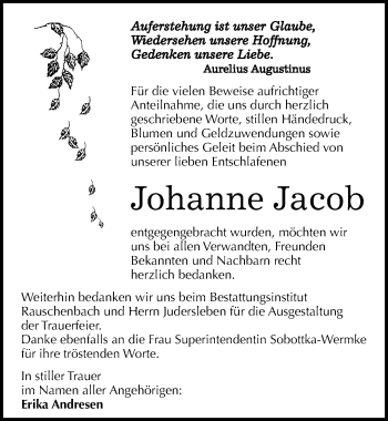 Traueranzeige von Johanne Jacob von Mitteldeutsche Zeitung Naumburg/Nebra