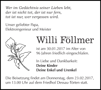 Traueranzeige von Willi Föllmer von WVG - Wochenspiegel Dessau / Köthen