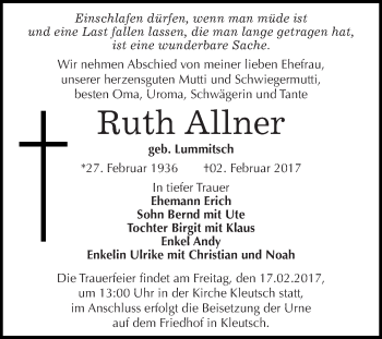 Traueranzeige von Ruth Allner von WVG - Wochenspiegel Dessau / Köthen