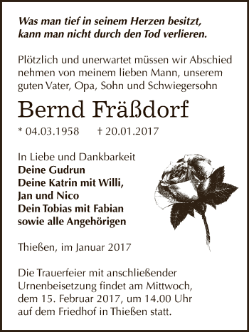 Traueranzeige von Bernd Fräßdorf von Super Sonntag Wittenberg