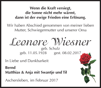 Traueranzeige von Leonore Wiesner von Mitteldeutsche Zeitung Aschersleben