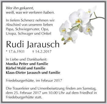 Traueranzeige von Rudi Jarauch von Mitteldeutsche Zeitung Mansfelder Land