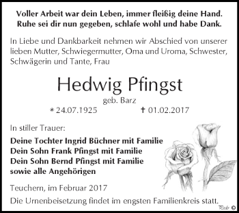 Traueranzeige von Hedwig Pfingst von WVG - Wochenspiegel NMB / WSF / ZTZ
