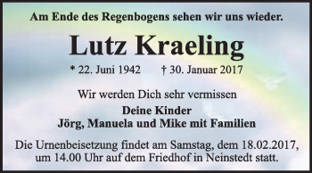 Traueranzeige von Lutz Kraeling von Super Sonntag Quedlinburg