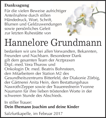 Traueranzeige von Hannelore Grundmann von WVG - Wochenspiegel Bitterfeld