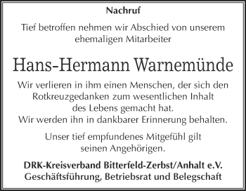 Traueranzeige von Hans-Hermann Warnemünde von WVG - Wochenspiegel Bitterfeld