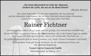 Traueranzeige von Rainer Fichtner von WVG - Wochenspiegel Dessau / Köthen