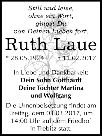 Traueranzeige von Ruth Laue von Mitteldeutsche Zeitung Wittenberg
