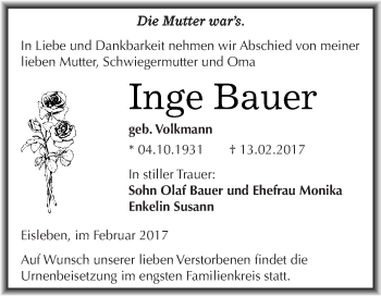Traueranzeige von Inge Bauer von Super Sonntag SGH Mansf. Land
