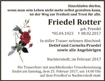 Traueranzeige von Friedel Rotter von Super Sonntag SGH Mansf. Land