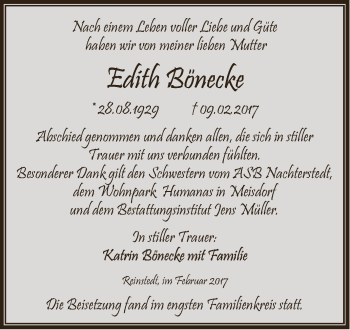 Traueranzeige von Edith Bönecke von Super Sonntag Quedlinburg