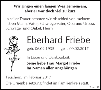 Traueranzeige von Eberhard Friebe von WVG - Wochenspiegel NMB / WSF / ZTZ