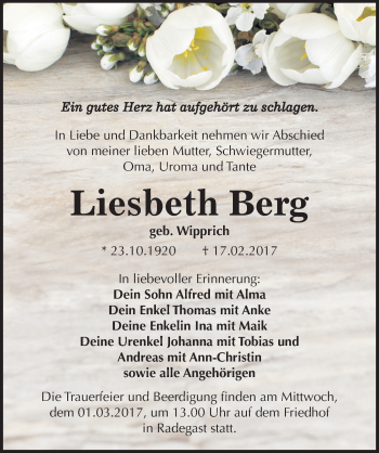 Traueranzeige von Liesbeth Berg von Mitteldeutsche Zeitung Köthen