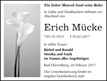 Traueranzeige von Erich Mücke von Mitteldeutsche Zeitung Merseburg/Querfurt