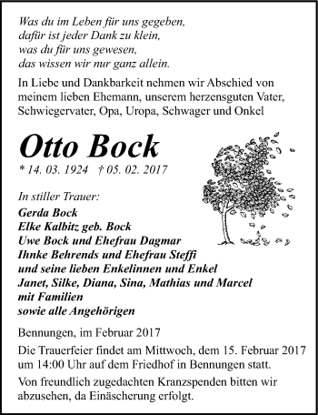 Traueranzeige von Otto Bock von Mitteldeutsche Zeitung Sangerhausen