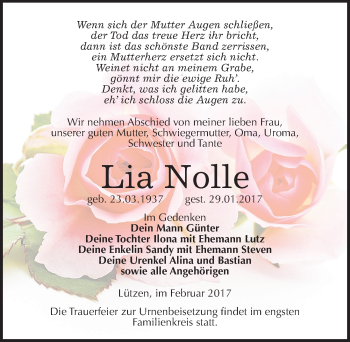 Traueranzeige von Lia Nolle von Mitteldeutsche Zeitung Weißenfels