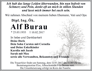Traueranzeige von Alf Burau von WVG - Wochenspiegel Dessau / Köthen