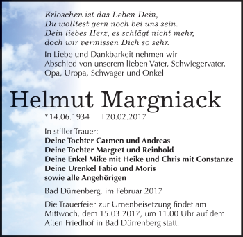 Traueranzeige von Helmut Margniack von Mitteldeutsche Zeitung Merseburg/Querfurt