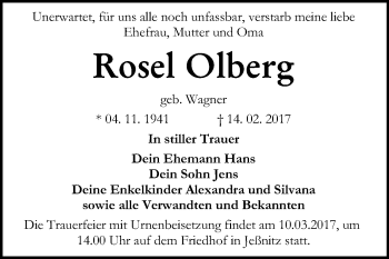 Traueranzeige von Rosel Olberg von WVG - Wochenspiegel Bitterfeld