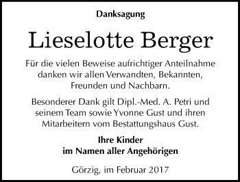 Traueranzeige von Lieselotte Berger von Mitteldeutsche Zeitung Köthen