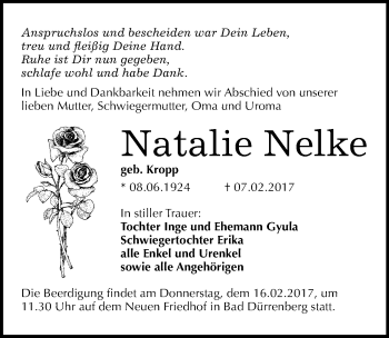 Traueranzeige von Natalie Nelke von Mitteldeutsche Zeitung Weißenfels