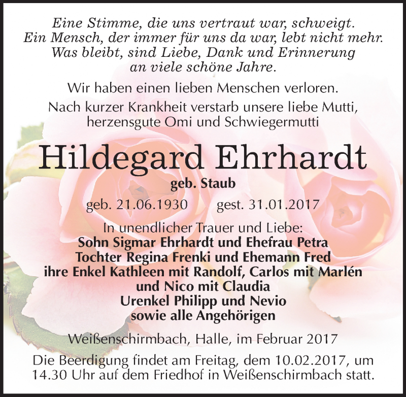  Traueranzeige für Hildegard Ehrhardt vom 04.02.2017 aus Mitteldeutsche Zeitung Merseburg/Querfurt
