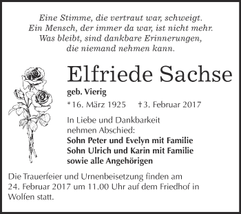 Traueranzeige von Elfriede Sachse von WVG - Wochenspiegel Bitterfeld