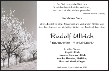Traueranzeige von Rudolf Ullrich von Mitteldeutsche Zeitung Sangerhausen