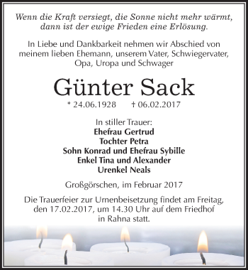 Traueranzeige von Günter Sack von Mitteldeutsche Zeitung Weißenfels