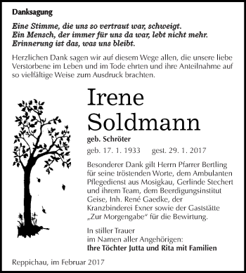 Traueranzeige von Irene Soldmann von WVG - Wochenspiegel Dessau / Köthen