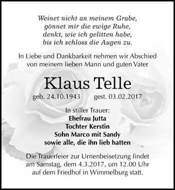 Traueranzeige von Klaus Telle von Mitteldeutsche Zeitung Mansfelder Land