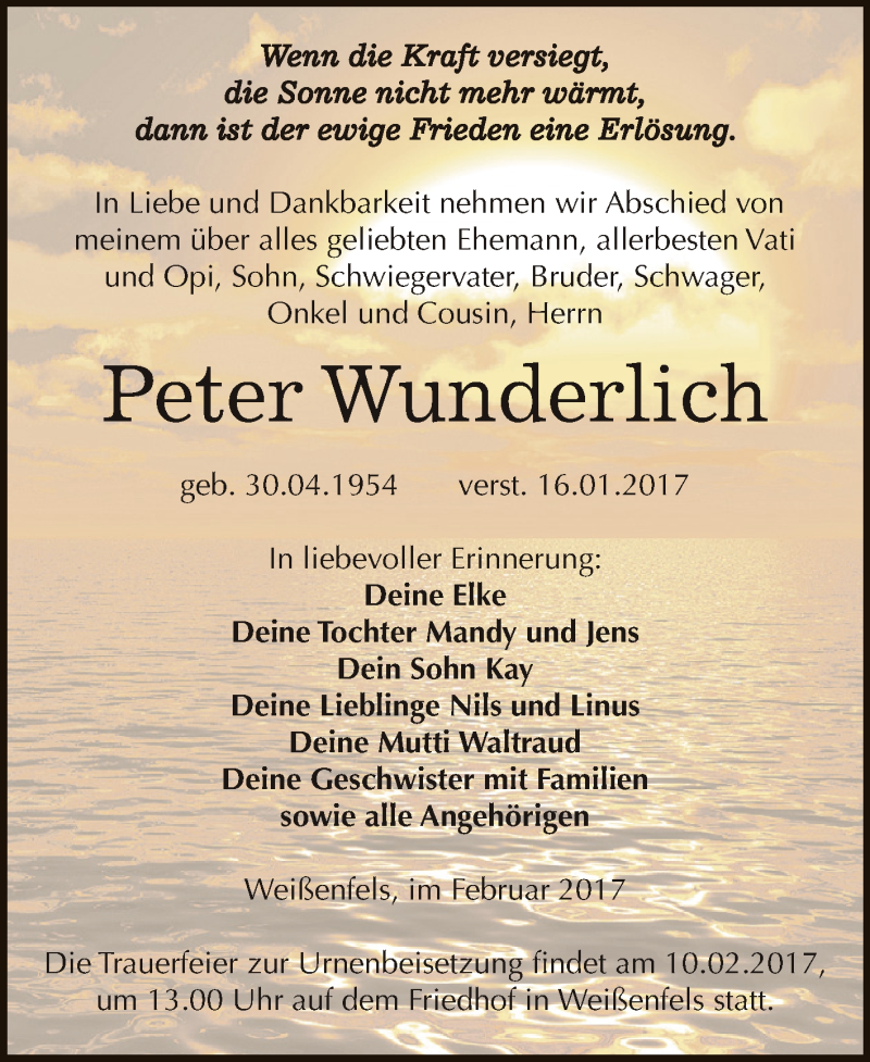  Traueranzeige für Peter Wunderlich vom 01.02.2017 aus WVG - Wochenspiegel NMB / WSF / ZTZ