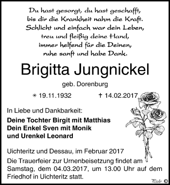 Traueranzeige von Brigitta Jungnickel von Mitteldeutsche Zeitung