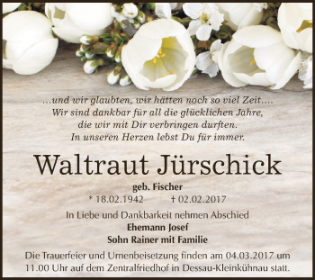 Traueranzeige von Waltraut Jürschick von WVG - Wochenspiegel Dessau / Köthen