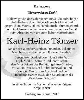 Traueranzeige von Karl-Heinz Tänzer von Mitteldeutsche Zeitung Köthen