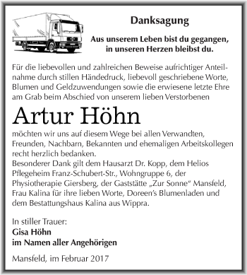 Traueranzeige von Artur Höhn von Super Sonntag SGH Mansf. Land
