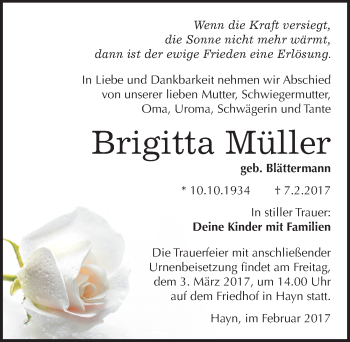 Traueranzeige von Brigitta Müller von Mitteldeutsche Zeitung Sangerhausen