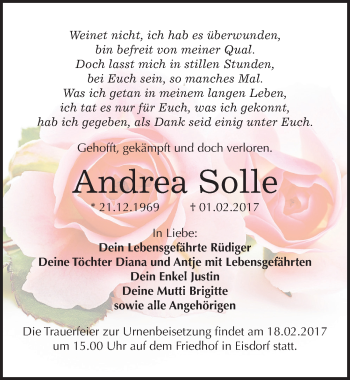 Traueranzeige von Andrea Solle von Mitteldeutsche Zeitung Halle/Saalkreis