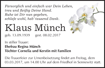 Traueranzeige von Klaus Münch von Mitteldeutsche Zeitung Halle/Saalkreis